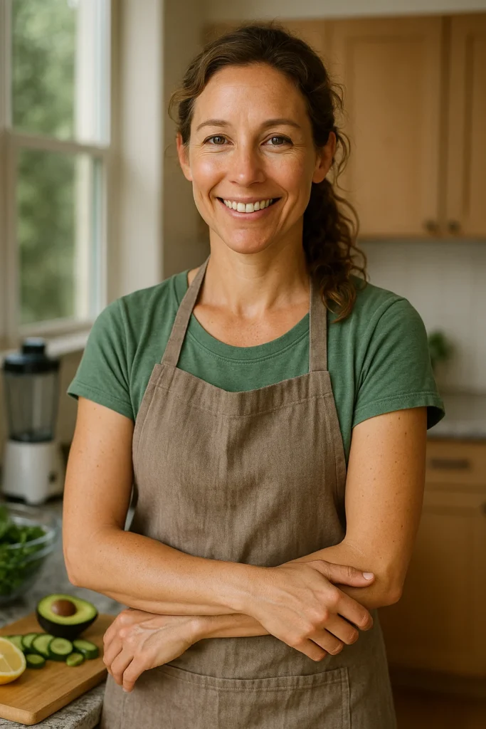 Chef Lola smiling in her bright Colorado kitchen, wearing a green T-shirt and linen apron, with fresh ingredients and a blender on the counter