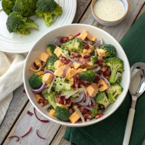 HOME 3 Bodacious broccoli salad in a bowl with serving spoon