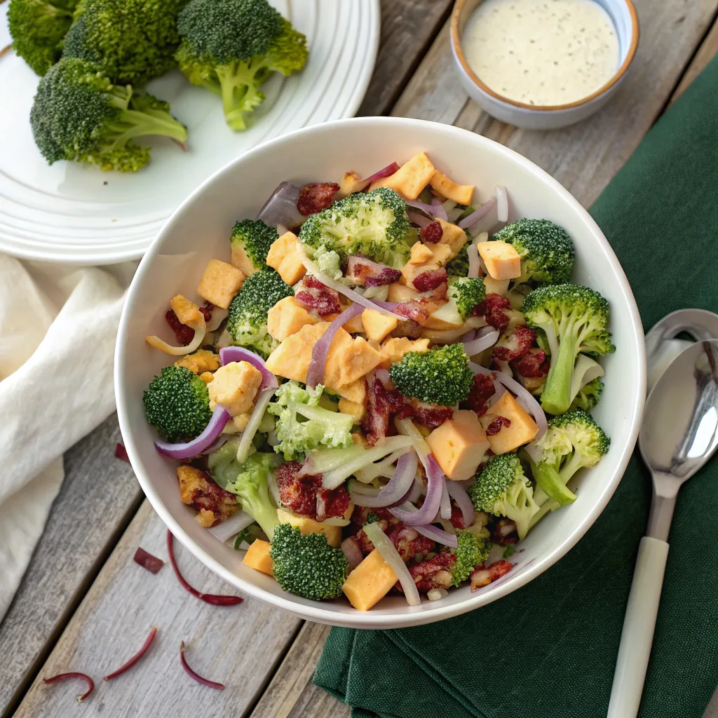 Bodacious broccoli salad in a bowl with serving spoon