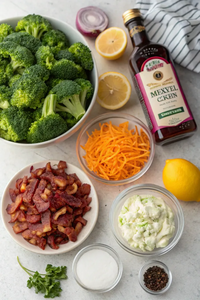 Ingredients for bodacious broccoli salad on a counter