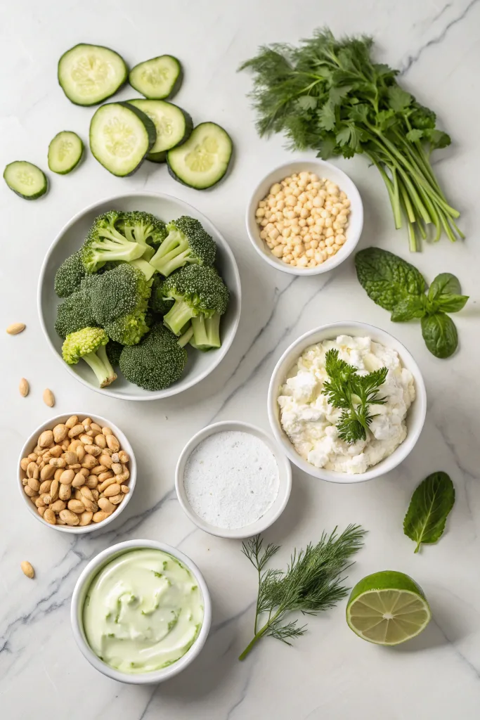 Ingredients for broccoli cucumber salad with Greek yogurt dressing