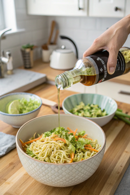 Dressing broccoli ramen noodle salad