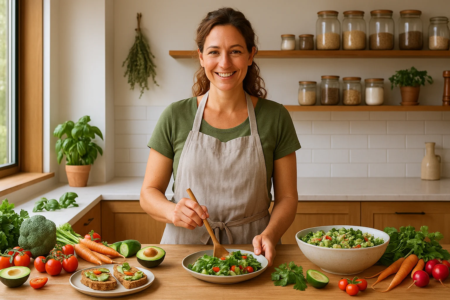HOME 1 Chef Lola smiling warmly while preparing a fresh green salad in her sunny Boulder kitchen, surrounded by healthy vegetables like carrots, avocado, and tomatoes