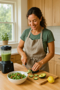 HOME 8 Chef Lola slicing cucumbers while preparing a healthy salad in a sunlit kitchen with wood accents and a green smoothie blender nearby