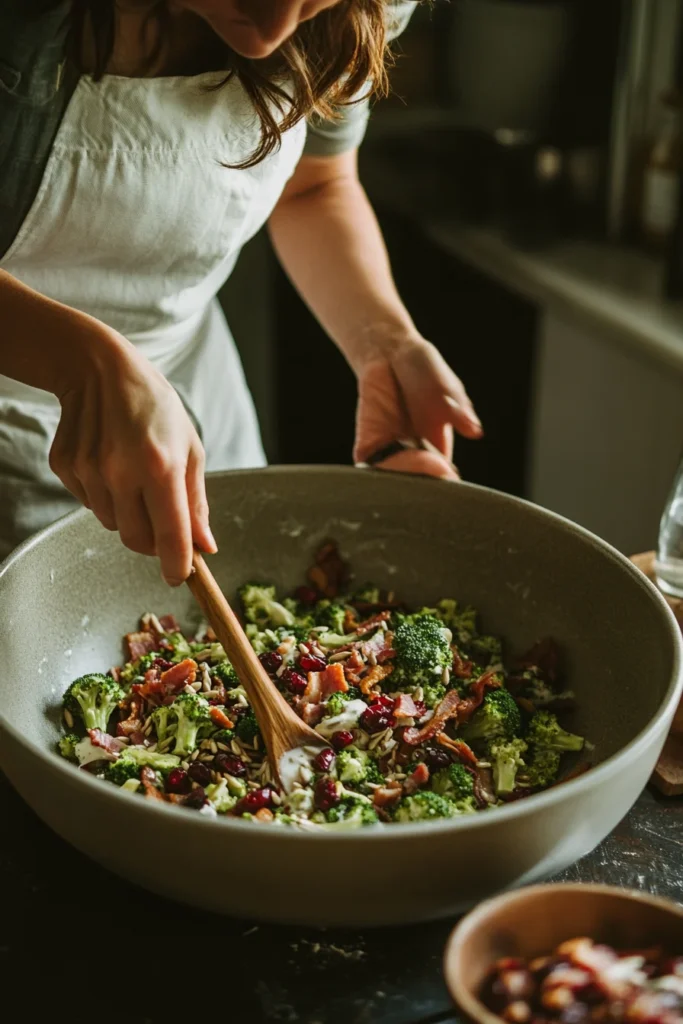 Mixed broccoli crunch salad ready to chill