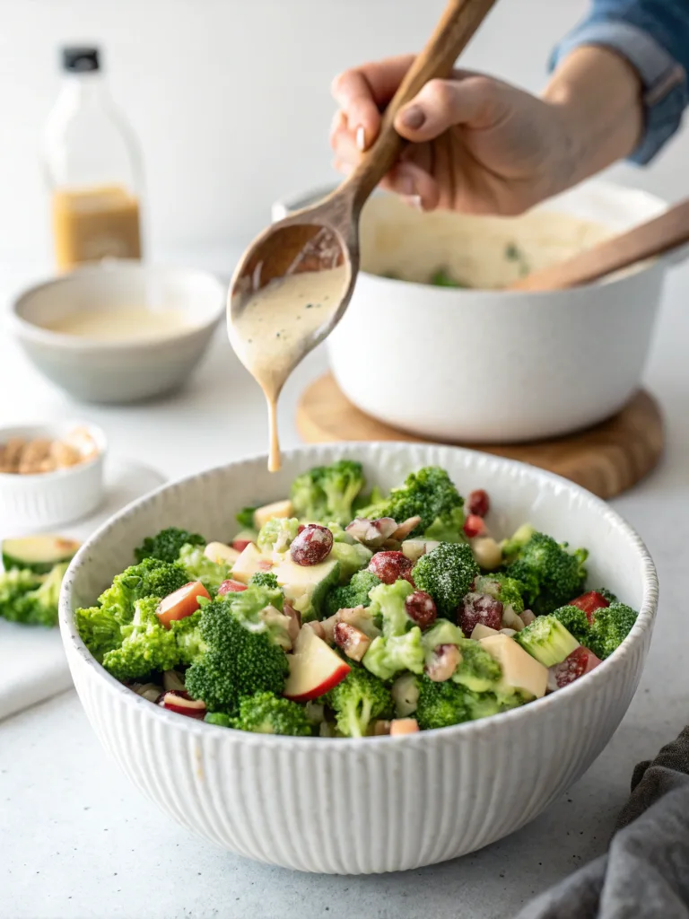 Mixing broccoli apple salad with creamy dressing in large bowl