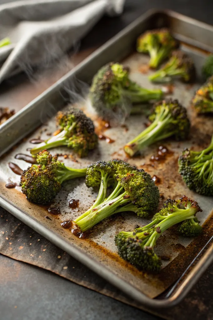 Roasted broccoli florets fresh out of the oven