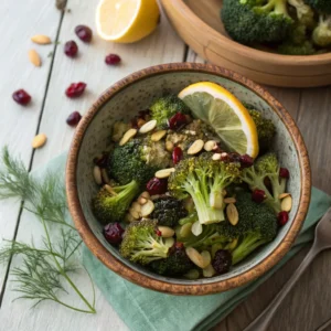 HOME 4 Roasted broccoli salad with almonds and lemon in rustic bowl