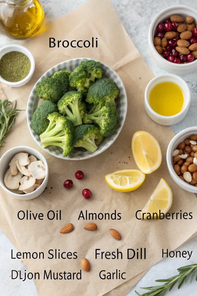 Ingredients for roasted broccoli salad arranged flat lay